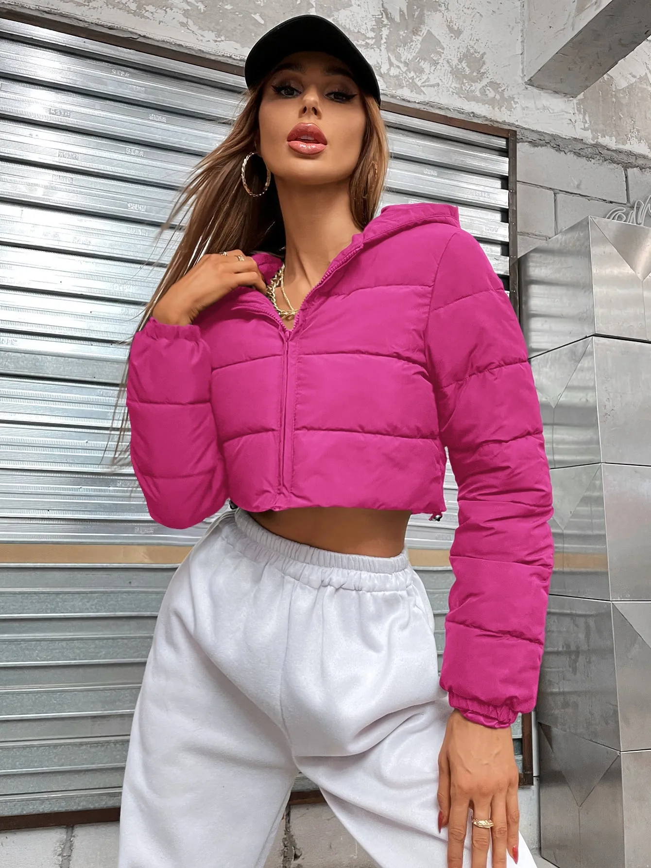 Zip Up Hooded Crop Puffer Coat